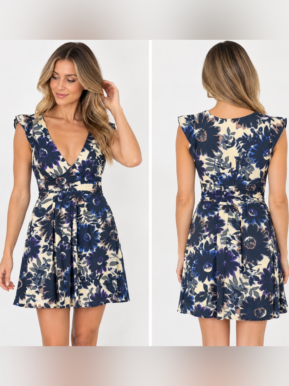 Express Floral V-Neck Dress in Navy & Cream